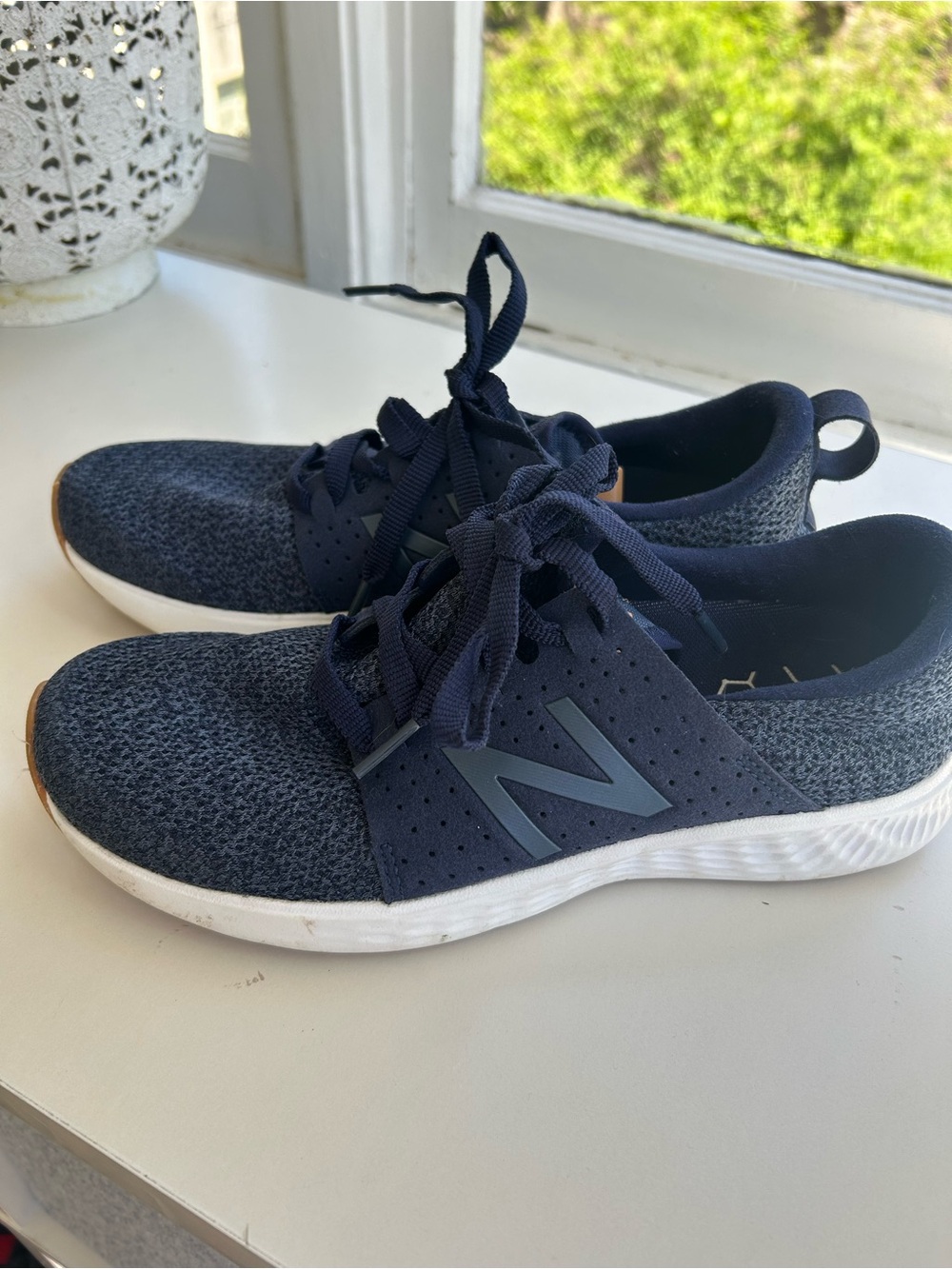 New Balance Blue and White Knit Running Shoes with Tan Accents